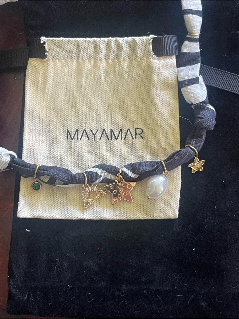 MAYAMAR Navy Stripe Charm Necklace with Gold Stars and Pearl